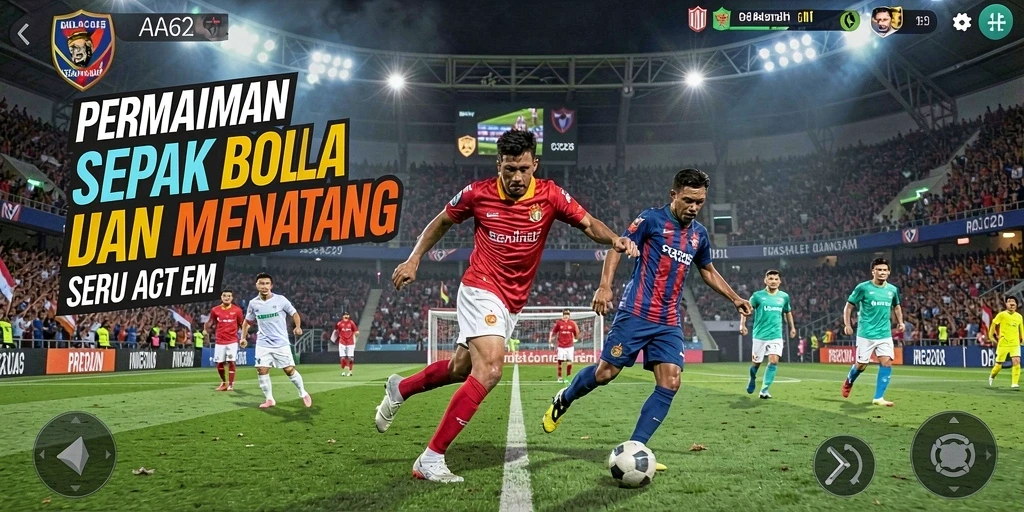Screenshot utama AA62 menampilkan aksi seru di lapangan sepak bola.