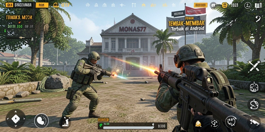 Screenshot MONAS77 menampilkan aksi menegangkan dalam gameplay TPS.