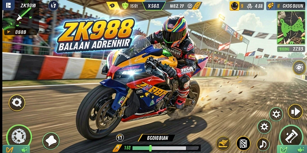 Screenshot ZK988 menampilkan aksi balapan motor yang mendebarkan.